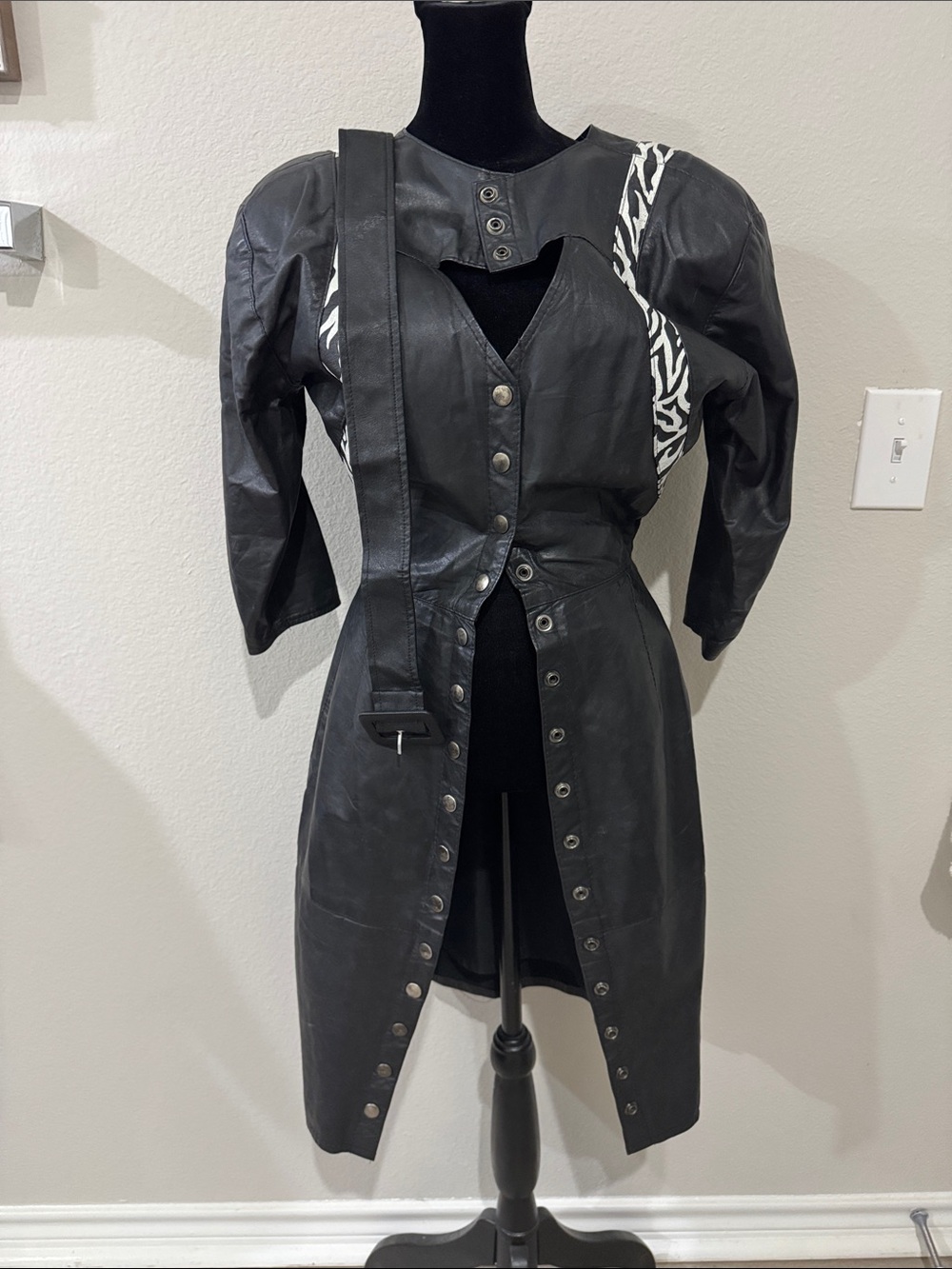 Black Leather Longline Jacket with Zebra Accent